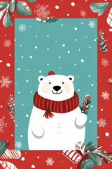 A cute polar bear wearing a festive scarf in a snowy winter scene