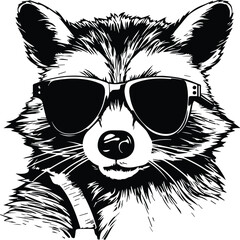 Raccoon In Sunglasses Logo Monochrome Design Style - obrazy, fototapety, plakaty