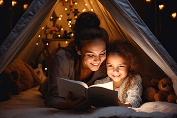 reading and family games in children's tent. mother and child daughter with book and flashlight before going to bed - obrazy, fototapety, plakaty