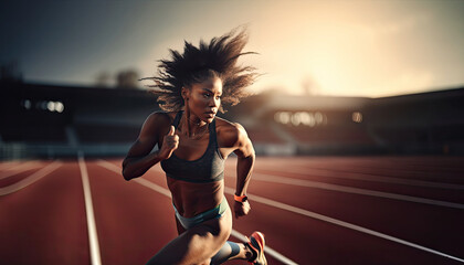 Young african woman running. Dynamic movement. A strong athletic, woman sprinter, running on the race track wearing in the sportswear with motion speed
