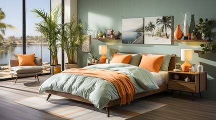 Bedroom decorated with a bed, curtains and plant, in the style of light green and orange, environmentally inspired. Generative AI