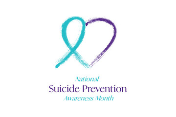 National Suicide Prevention Awareness Month Banner. Painted teal and purple awareness ribbon and heart logo icon on white background. Editable Vector Illustration. EPS 10.
