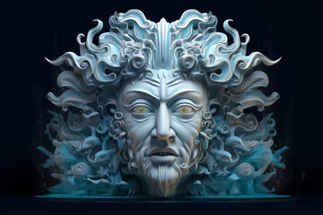 Mockup 3d statue of powerful and handsome bearded Greek Mythology GOD at smooth gradient Plain background. Generative AI.