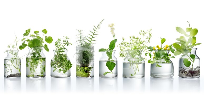 Herbs collection in glass bottles on white background, generative ai