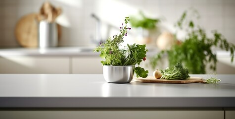 Herbs in pots on kitchen table, generative ai