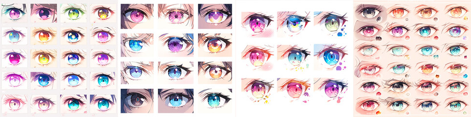 Reference Sheet for Drawing Anime Eyes Includes several eye references with different styles and emotions. Uses bright colors to enhance visual appeal.