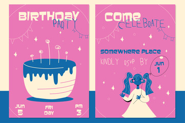 Bright invitation to kids birthday party retro style.Happy girl invitation banners.Children event celebration flyer.Cartoon vector posters.
