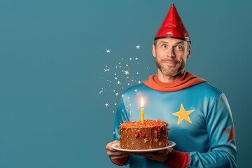 A man in a superhero costume with a cake. Father congratulates the child on his birthday. Generative AI
