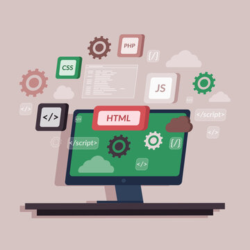 Concept of computer programming or developing software or game. Monitor with coding symbols and windows. Concept of Information technologies and computer engineering. Online and offline coding courses