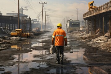 city road worker walking to construction site, Generative AI