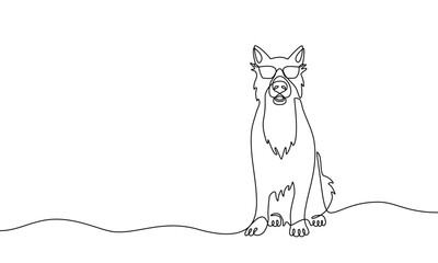 Continuous line drawing of a dog sitting with glasses. Vector banner illustration