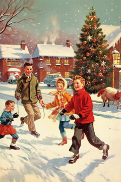 Christmas card - a joyful family playing in the snow during the Christmas holidays