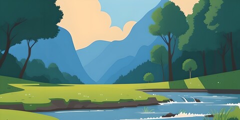 Summer landscape with lake game background, generative ai