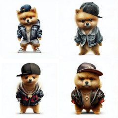 Obraz premium A Pomeranian Hip-Hop Musician puppy illustration set of 4 poses isolated on a white background 