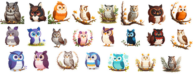 Fototapeta premium Set of cartoon-style owl animals. Collage of illustration for children
