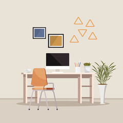 Home office. Interior vector illustration. Work from home. The interior design of the flat promotes a sense of calm and focus Office area provides ample storage for files and documents Home office is