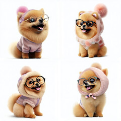 A Pomeranian puppy wearing a cute pink outfit illustration set of 4 poses isolated on a white background	