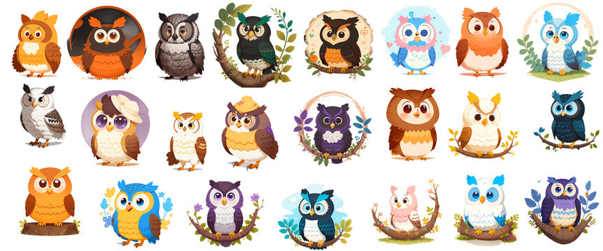Set of cartoon-style owl animals. Collage of illustration for children