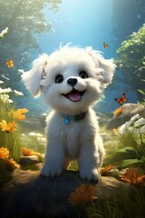 3D Illustration of a delightful Bichon Frise puppy, staring curiously at a butterfly ai generate