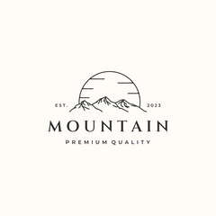 mountain landscape view line art logo vector minimalist illustration design, adventure mountain symbol design