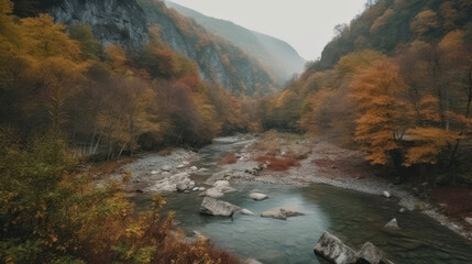 Naklejka na ściany i meble river in the mountains, top view of the mountain river, autumn landscape.