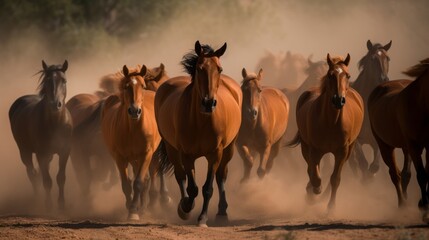 Thundering Hooves - Dramatic Stampede of Wild Horses AI Generated - obrazy, fototapety, plakaty