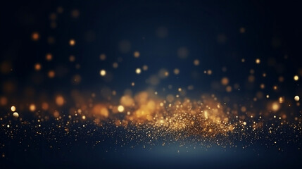 abstract background with Dark blue and gold particle. Christmas Golden light shine particles bokeh on navy blue background. Gold foil texture. Holiday concept, Generative Ai