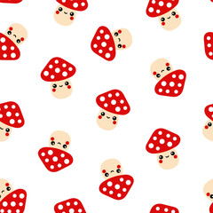 Seamless vector mushroom pattern. Cute cartoon forest mushroms, fly agaric, amanita muscaria pattern. Perfect for wrapping paper, fabric, clothing, wallpaper, background, scrapbooking and more.