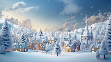 Christmas village with Snow in vintage style. Winter Village Landscape. Christmas Holidays. Christmas Card, Generative Ai,