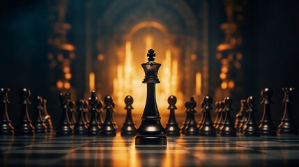 Black king winner surrounded with black gold chess pieces on chess board game competition. concept strategy, leadership and success business, Generative Ai