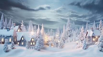 Christmas village with Snow in vintage style. Winter Village Landscape. Christmas Holidays. Christmas Card, Generative Ai,