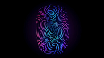 Colorful abstract neon fingerprint on black background. Swirling lines design. Glowing ID wallpaper, Generative Ai