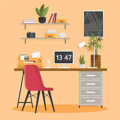 Home office interior. Vector illustration. Living room modern interior, home or office, lounge with furniture Business workplace Home office metaphor Office workstation furniture interior concept