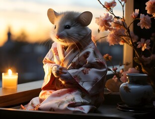 süße kleine Maus im Kimono, generative KI