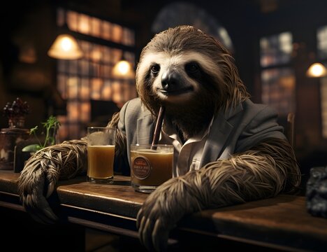 Faultier mit Anzug an der Bar, Generative KI