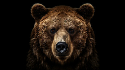 Fototapeta premium Front view of brown bear isolated on black background. Black and white portrait of Kamchatka bear. Predator series. digital art, Generative Ai