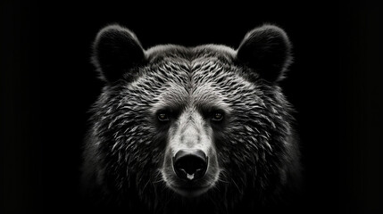 Front view of brown bear isolated on black background. Black and white portrait of Kamchatka bear. Predator series. digital art, Generative Ai