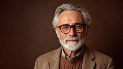 Man with glasses in 70s, gray hair, brown color theme