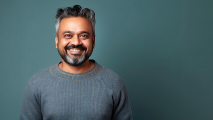 Fototapeta premium Indian man in 40s beaming, short hair, dark blue background