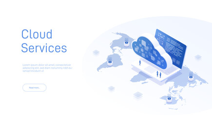 Cloud technology and networking isometric concept. Hosting servers or datacenter background. Cloud storage download isometric vector illustration. Cloud data storage 3d isometric illustration