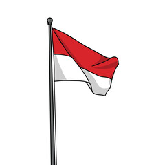 Illustration vector graphic of Indonesian flag in red and white colors tied to a pole and fluttering in the wind. great for design elements, symbols, design assets, and more