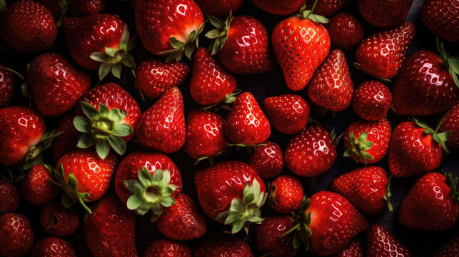 Heap of fresh, ripe strawberries shimmering red