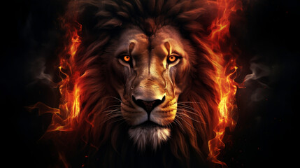 Lion king in fire, Portrait on black background, Wildlife animal. Danger concept. digital art, Generative Ai
