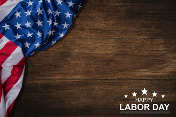USA Labor Day Banner and poster template. USA labor day celebration with American flag on brown wood background.Sale promotion advertising banner template for USA Labor Day Brochures,Poster or Banner.