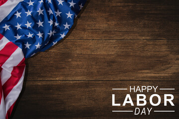 Fototapeta na wymiar USA Labor Day Banner and poster template. USA labor day celebration with American flag on brown wood background.Sale promotion advertising banner template for USA Labor Day Brochures,Poster or Banner.