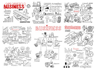 MEGA set of Business doodles icons: computer, media, social network, web, communication, mobile; Graph, diagram, approximation, statistics; team, idea, plan, goods. Vector hand drawing illustration.