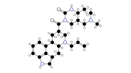 cabergoline molecule, structural chemical formula, ball-and-stick model, isolated image dopamine receptor agonists
