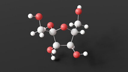 fructose molecule, molecular structure, beta-d-fructofuranose, ball and stick 3d model, structural chemical formula with colored atoms