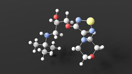 timolol molecule, molecular structure, non-cardioselective beta blockers, ball and stick 3d model, structural chemical formula with colored atoms