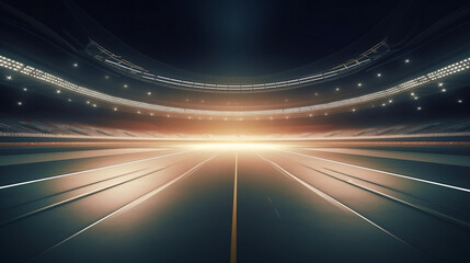 Fototapeta na wymiar Race Track Arena with Spotlights. Empty Racing track with grandstands, shooting in the middle of the racing track and starting point. 3d render, Generative Ai